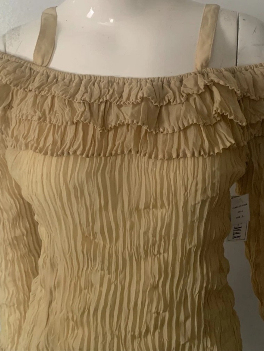 Kaeylyn Max II Off-Shoulder Ruffle Bohemian Sheer Top (Khaki/Tan)